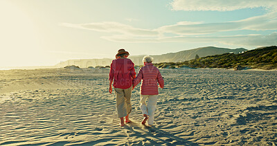 Buy stock photo Holding hands, friends and back with old women at beach for bonding, retirement and happiness. Summer vacation, travel trip and adventure with senior people for carefree, paradise and health