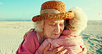 Hug, friends and love with old women at beach for bonding, retirement and support. Summer vacation, travel trip and adventure with senior people in outdoors for carefree, paradise and health
