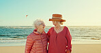 Smile, support and travel with old women at beach for summer vacation, retirement and happiness. Holiday, bonding and tourism with senior people in outdoors for friends, adventure and care together