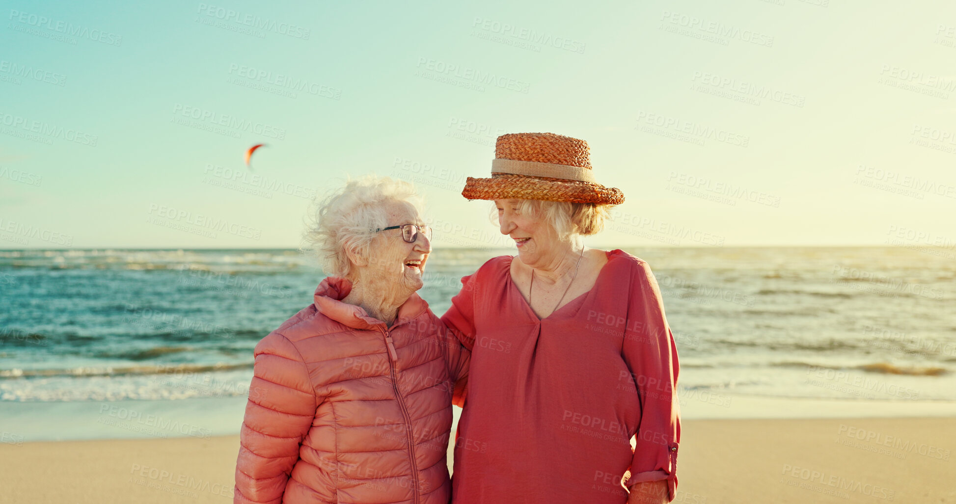 Buy stock photo Smile, support and travel with old women at beach for summer vacation, retirement and happiness. Holiday, bonding and tourism with senior people in outdoors for friends, adventure and care together