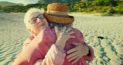 Buy stock photo Hug, friends and support with old women at beach for bonding, retirement and happiness. Summer vacation, travel trip and adventure with senior people in outdoors for carefree, paradise and health