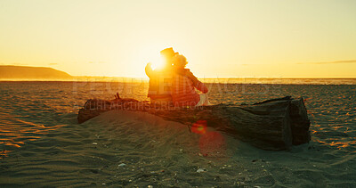 Buy stock photo Hug, sunset and relax with old women at beach for summer vacation, retirement and happiness. Holiday, bonding and tourism with back of senior people for friends, adventure and care together.