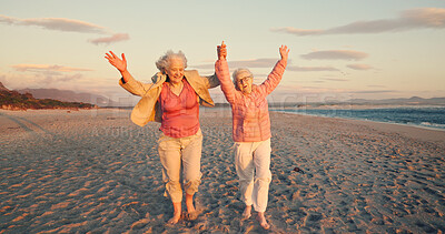 Buy stock photo Freedom, friends and happiness with old women at beach for bonding, retirement and holiday. Summer vacation, travel trip and adventure with senior people for holding hands, paradise and health