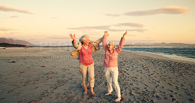 Buy stock photo Freedom, friends and holding hands with old women at beach for bonding, retirement and holiday. Summer vacation, travel trip and adventure with senior people for carefree, paradise and health