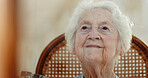 Thinking, senior woman and relax at retirement home for past life, nostalgia and remember with memory. Smile, elderly person and ideas of reflection, loneliness and hope with peace of future wellness
