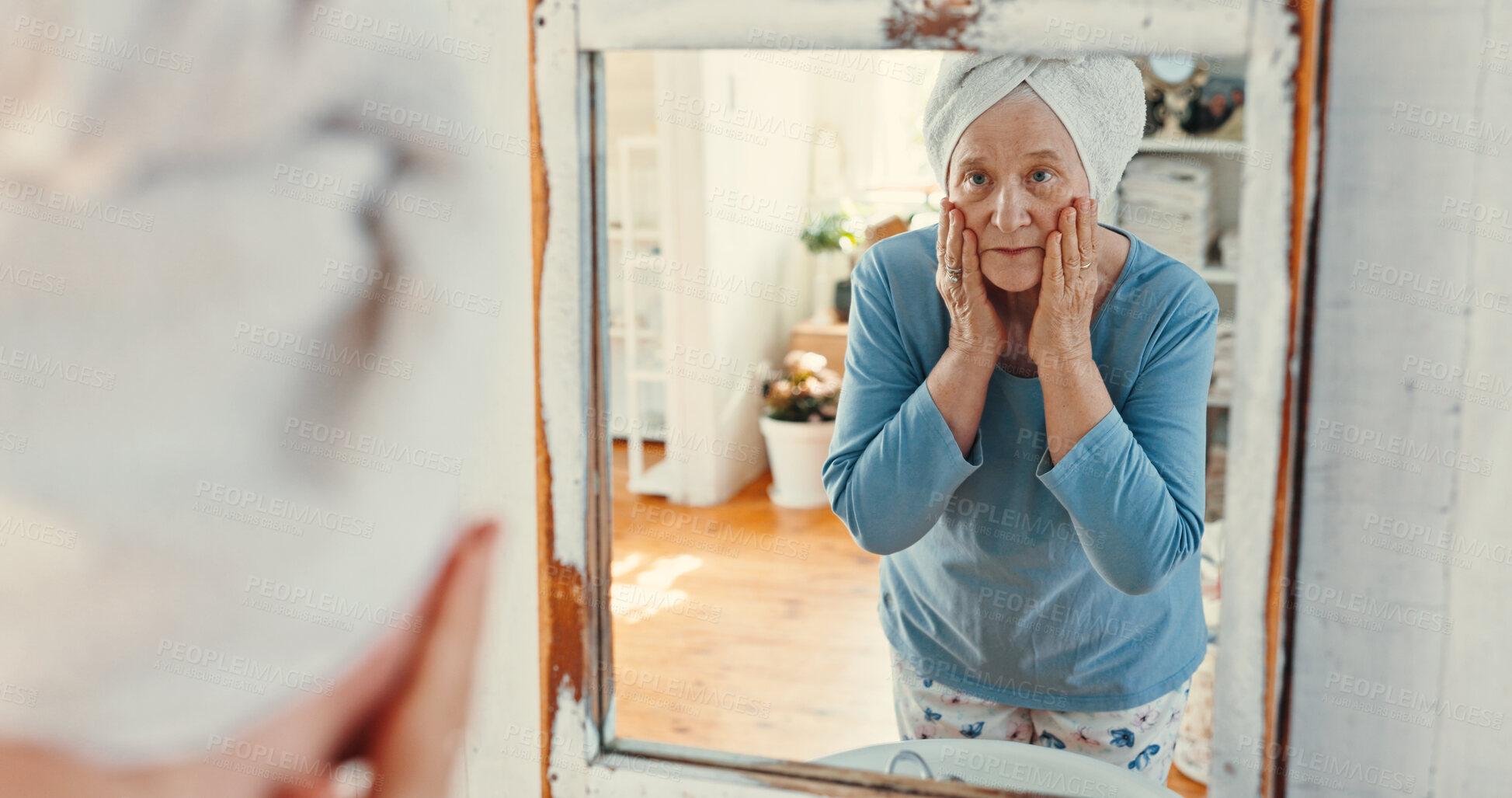 Buy stock photo Mirror, house and senior woman with skincare, anti aging and retirement with cosmetics. Pensioner, bathroom and elderly lady with reflection, grooming or treatment for wrinkles, beauty or dermatology