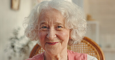 Buy stock photo Portrait, elderly woman and smile as pensioner or nursing home for senior care, health and wellness. Female person, retirement and happiness in living room for comfort, relax and rest with confidence