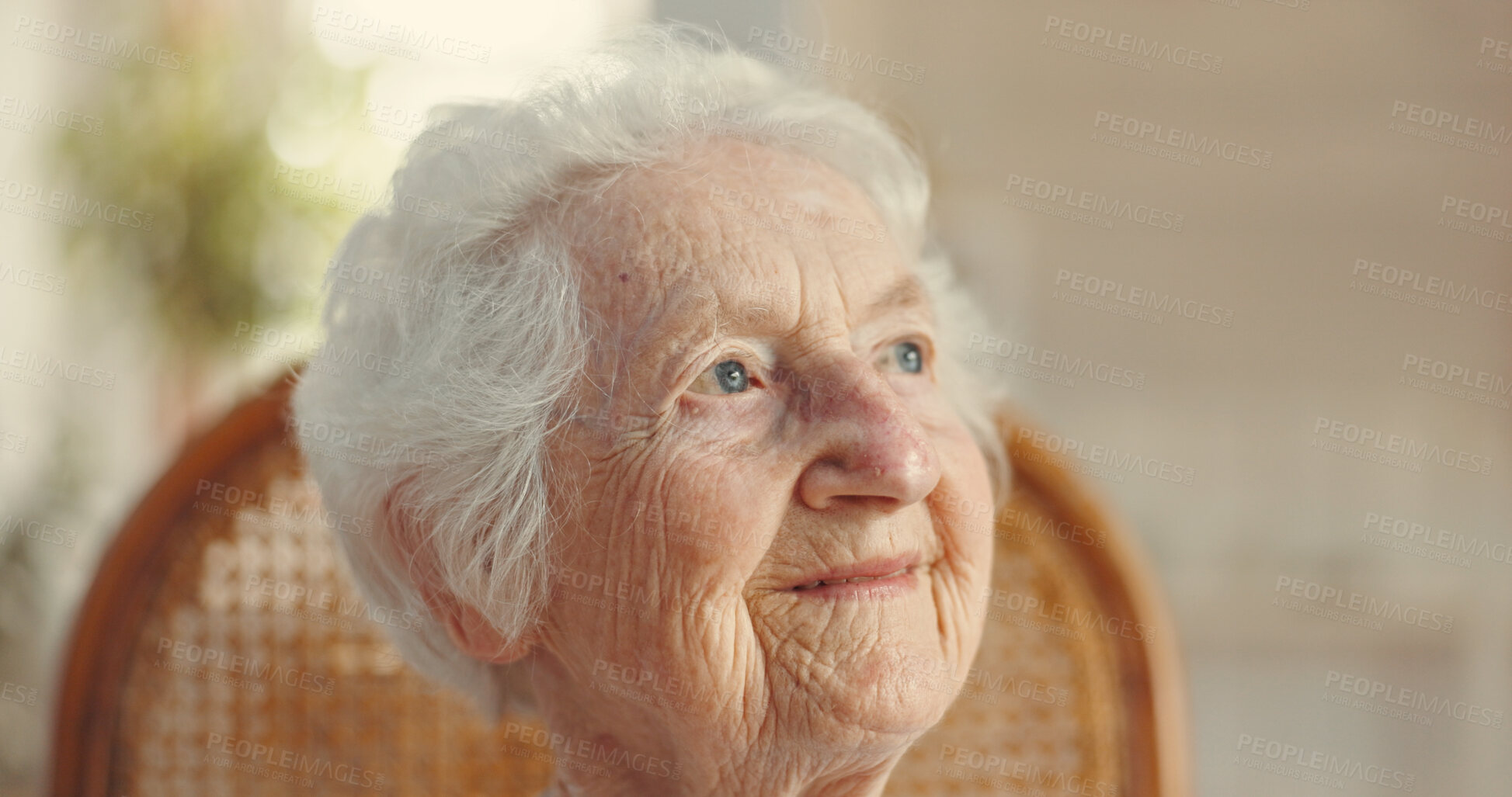 Buy stock photo Thinking, senior woman and smile at retirement home for past life, nostalgia and remember with memory. Happy, elderly person and ideas of reflection, loneliness and hope with peace of future wellness