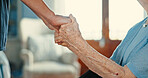 Senior woman, holding hands and support in nursing home for care, help and kindness. Closeup, comfort and patient in retirement for empathy, medical assistance or health with nurse in rehabilitation