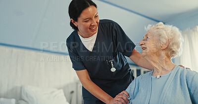 Buy stock photo Happy, nurse and healthcare with old woman in bedroom for support, caregiver and retirement. Volunteer, medical and elderly care with senior patient in nursing home for rehabilitation and trust