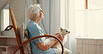 Dog, elderly woman and living room for thinking, memory and affection as emotional support animal. Puppy, senior person and reflection for wellness, pet care or bonding as together in retirement home