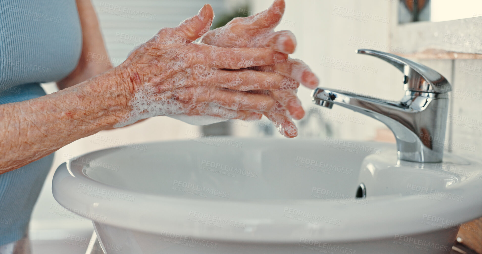 Buy stock photo Hygiene, senior woman and washing hands in bathroom for bacteria removal, skincare and germ prevention. Elderly, person and cleaning dirt by basin for skin safety, wellness routine and disinfection