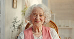 Portrait, senior woman and smile in retirement or nursing home for elderly care, health and wellness. Female person, pensioner and happiness in living room for comfort, relax and rest with confidence