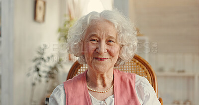 Buy stock photo Portrait, senior woman and smile in retirement or nursing home for elderly care, health and wellness. Female person, pensioner and happiness in living room for comfort, relax and rest with confidence