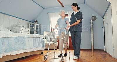 Buy stock photo Caregiver, support and walker with old woman with a disability for healthcare, nurse and empathy. Retirement, gratitude and elderly care with people in nursing home for helping, volunteer and patient