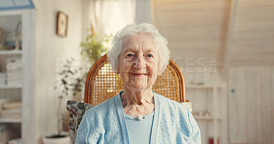 Buy stock photo Portrait, elderly woman and smile in retirement or nursing home for senior care, health and wellness. Female person, pensioner and happiness in living room for comfort, relax and rest with confidence