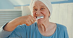 Hygiene, senior woman and brushing teeth in portrait for dental care, morning routine and fresh breath. Oral wellness, person and cleaning mouth in home for healthcare, getting ready and selfcare