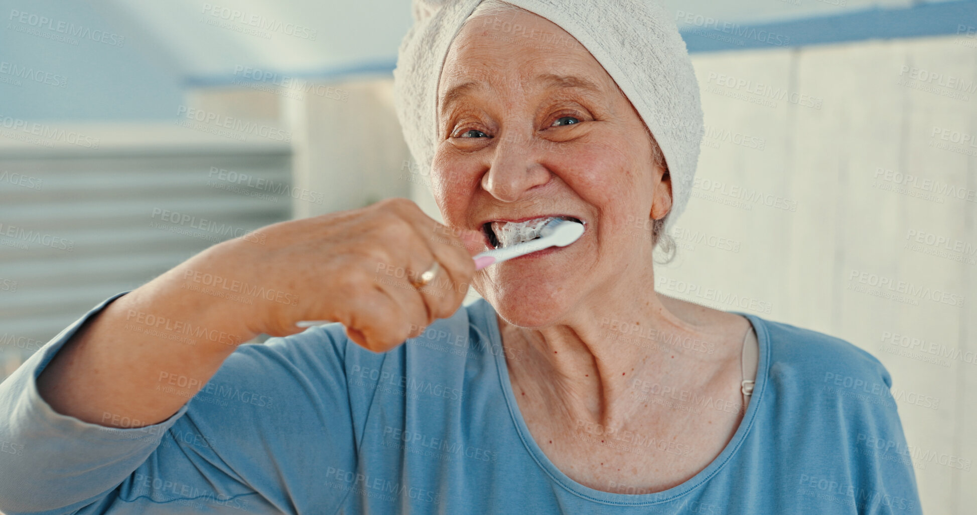 Buy stock photo Hygiene, senior woman and brushing teeth in portrait for dental care, morning routine and fresh breath. Oral wellness, person and cleaning mouth in home for healthcare, getting ready and selfcare