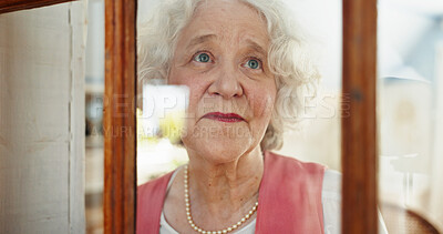 Buy stock photo Thinking, window and smile with old woman in living room for memory, reflection and mindfulness. Peace, inspiration and vision with senior person in nursing home for retirement, decision and wonder