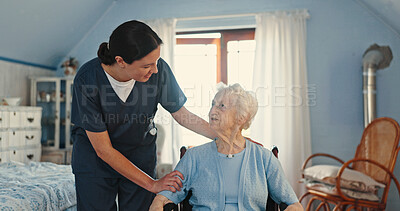 Buy stock photo Wheelchair, nurse and support with old woman in bedroom for healthcare, caregiver and retirement. Volunteer, medical and elderly care with senior patient in nursing home for rehabilitation and trust