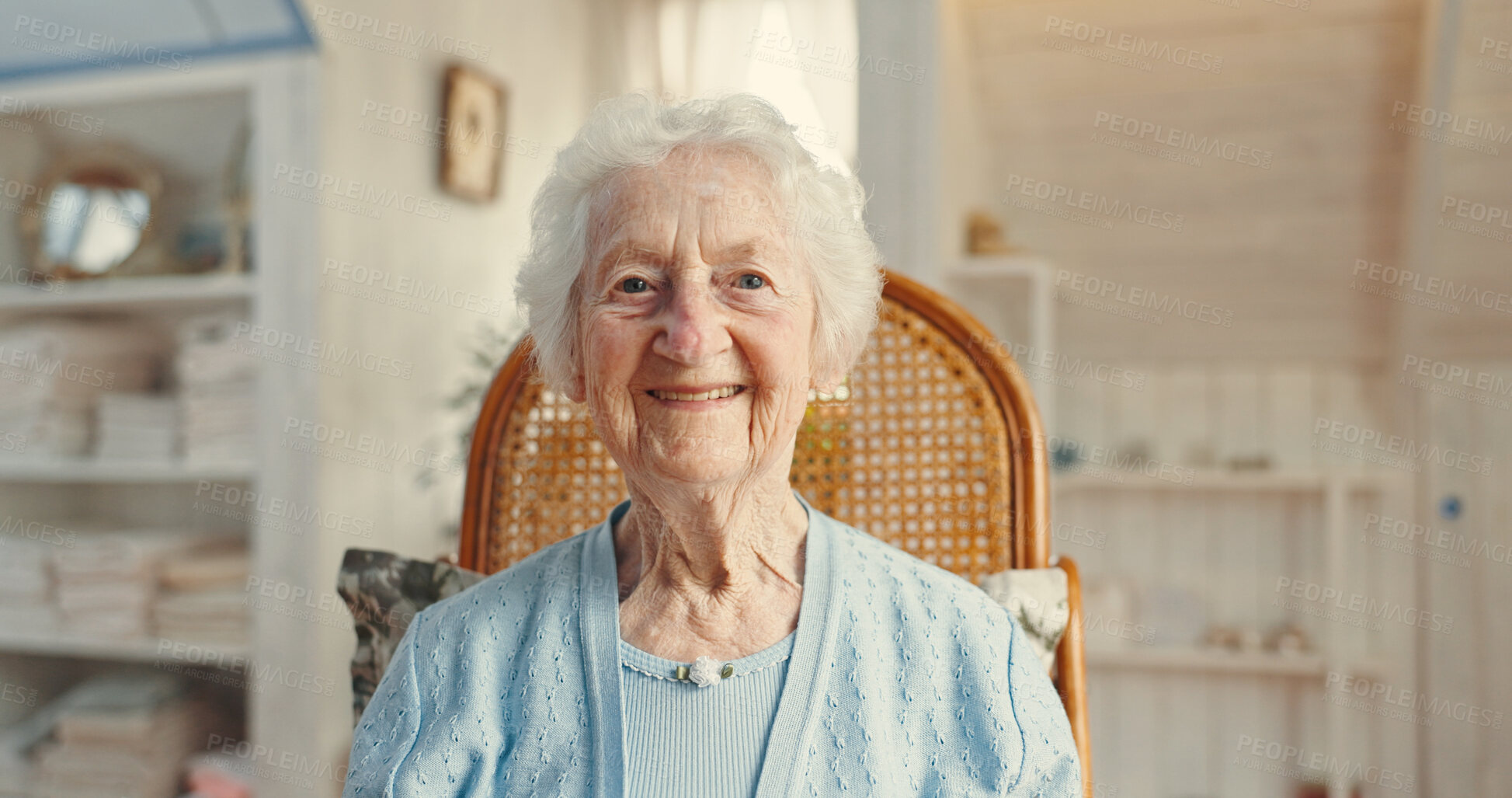 Buy stock photo Portrait, elderly woman and smile in nursing home or retirement for senior care, health and wellness. Female person, pensioner and happiness in living room for comfort, relax and rest with confidence