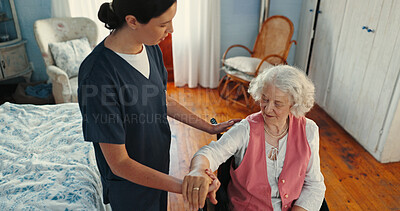 Buy stock photo Elderly woman, nurse and physiotherapy in home for help, rehabilitation and shoulder injury. Senior person with disability, caregiver and support in retirement center for healing with arm muscle pain