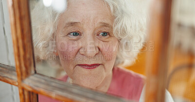 Buy stock photo Thinking, window and morning with old woman in house for memory, reflection and mindfulness. Peace, inspiration and vision with senior person in nursing home for retirement, decision and happy