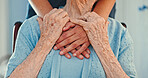 Holding hands, kindness and hug with old person in living room for healthcare, caregiver or empathy. Retirement, gratitude and care with closeup of people in nursing home for trust and patient