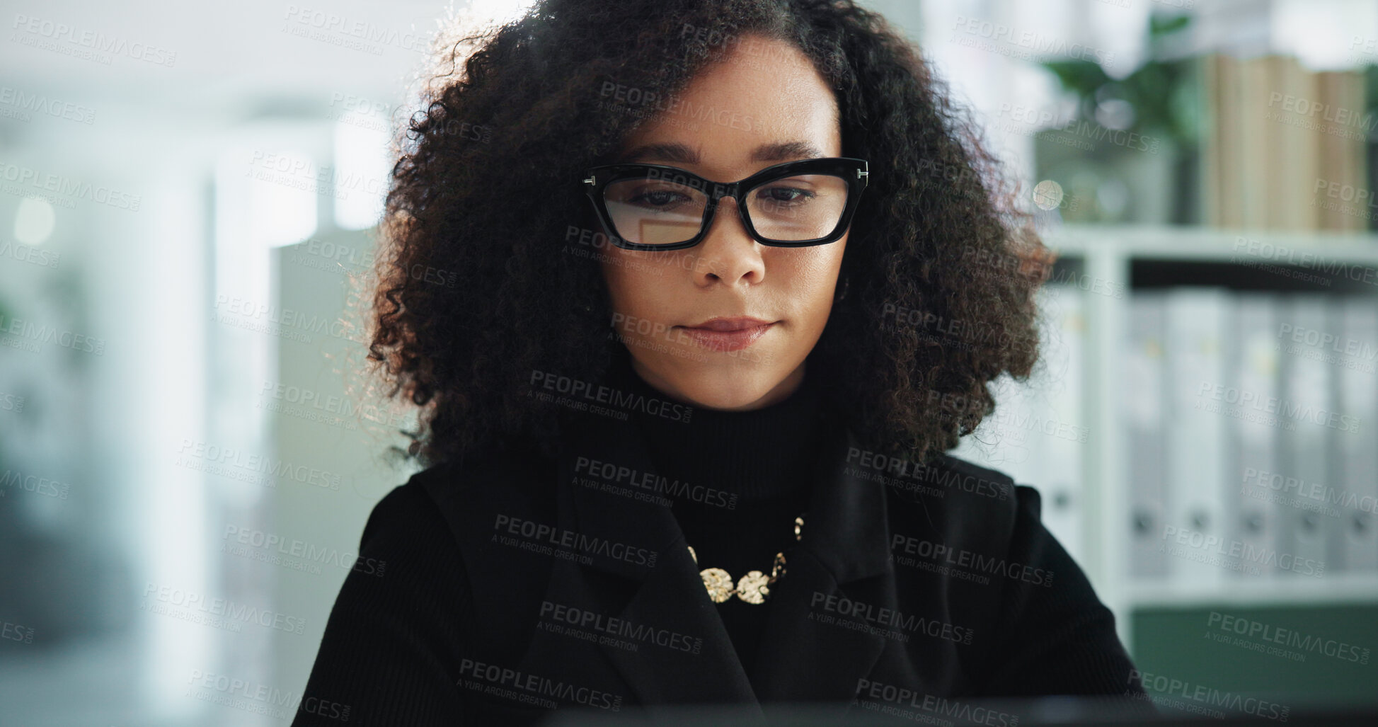 Buy stock photo Business woman, glasses and serious in office with deadline, financial report and accountant. Female person, employee and typing for auditing or update company payroll, pay slip and bookkeeping