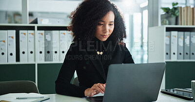 Buy stock photo Review, laptop and reading with business woman in office for email, research or corporate governance specialist. Stakeholder news, crm manager and online with person in firm for report and compliance