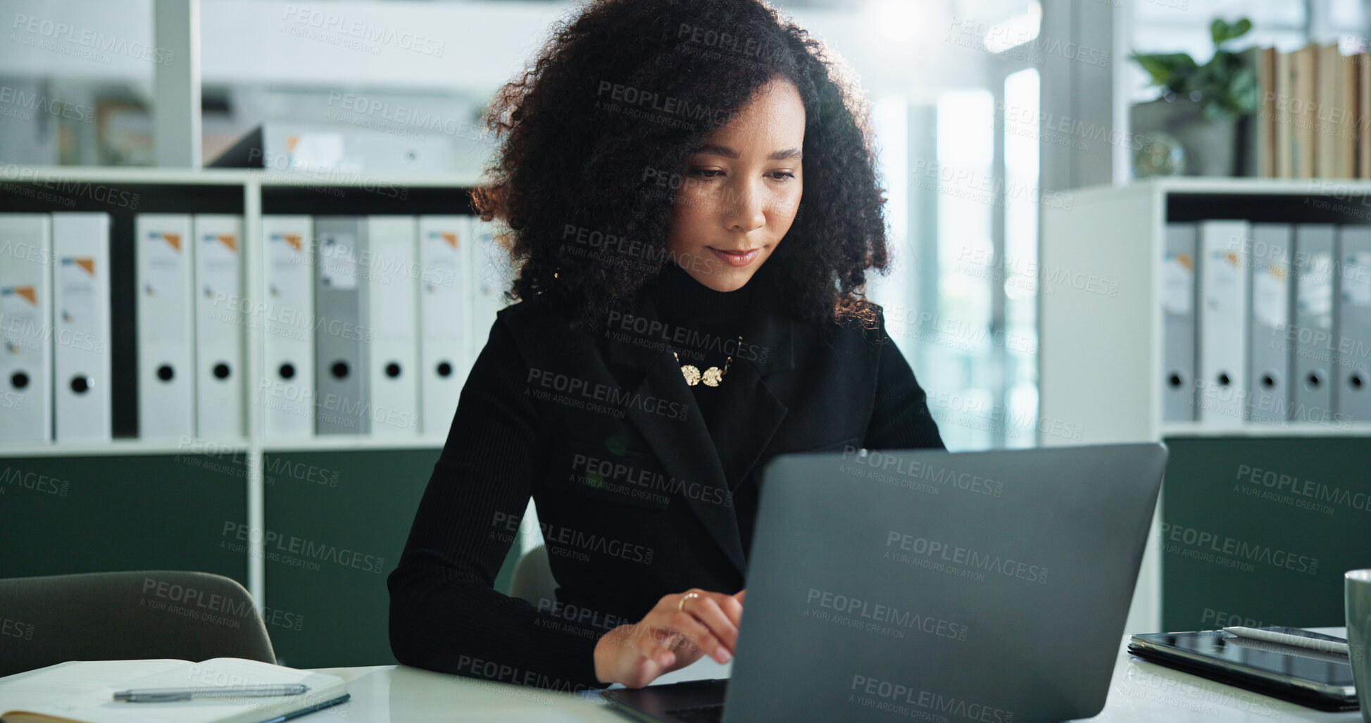 Buy stock photo Review, laptop and reading with business woman in office for email, research or corporate governance specialist. Stakeholder news, crm manager and online with person in firm for report and compliance