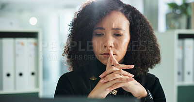 Buy stock photo Woman, lawyer and thinking with stress by computer, confused and glitch at night in modern office. Person, attorney and reading with problem solving, research and investigation for case at law firm