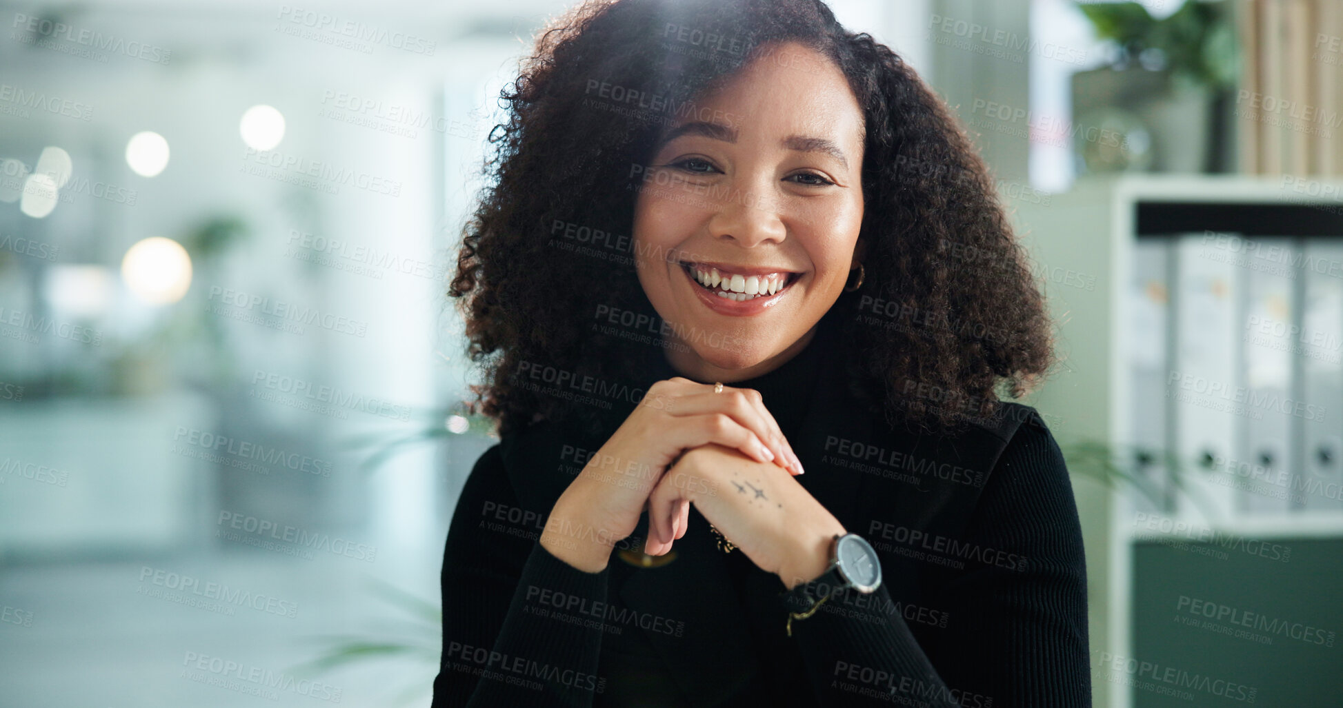 Buy stock photo Portrait, business and woman with smile, hands together and confidence with journalist. Face, person and employee in modern office, pride and copywriting with happiness, professional and skills