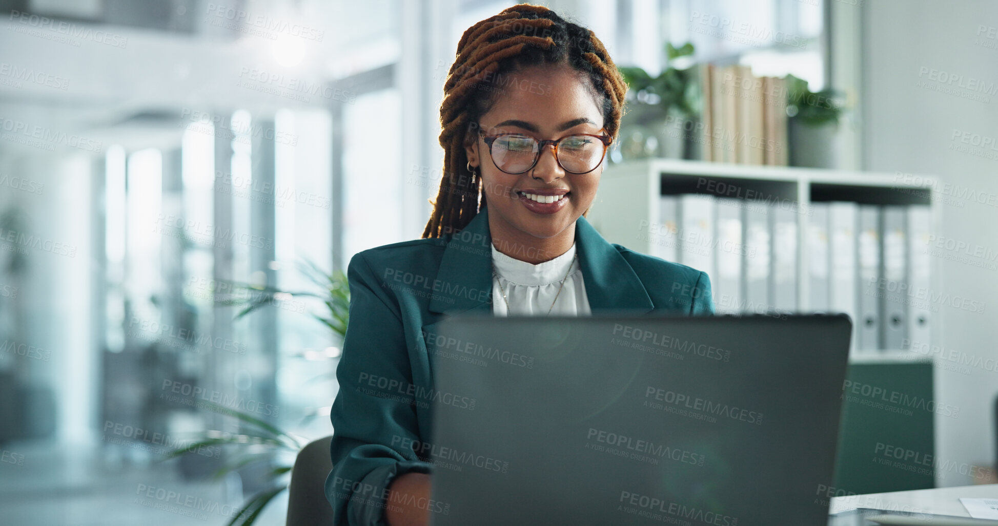 Buy stock photo Smile, laptop and glasses with business woman in office for online, research or corporate governance specialist. Stakeholder email, crm manager and news with person in firm for report and compliance
