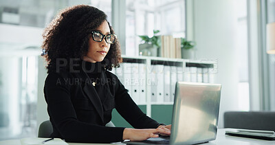 Buy stock photo Typing, thinking and woman in office with laptop, research ideas or budget review at accounting agency. Consultant, accountant or businesswoman with financial growth, online report or business plan