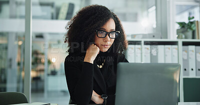 Buy stock photo Research, thinking and woman in office with laptop, ideas or budget review at accounting agency. Consultant, accountant or businesswoman with financial administration, online report or business plan