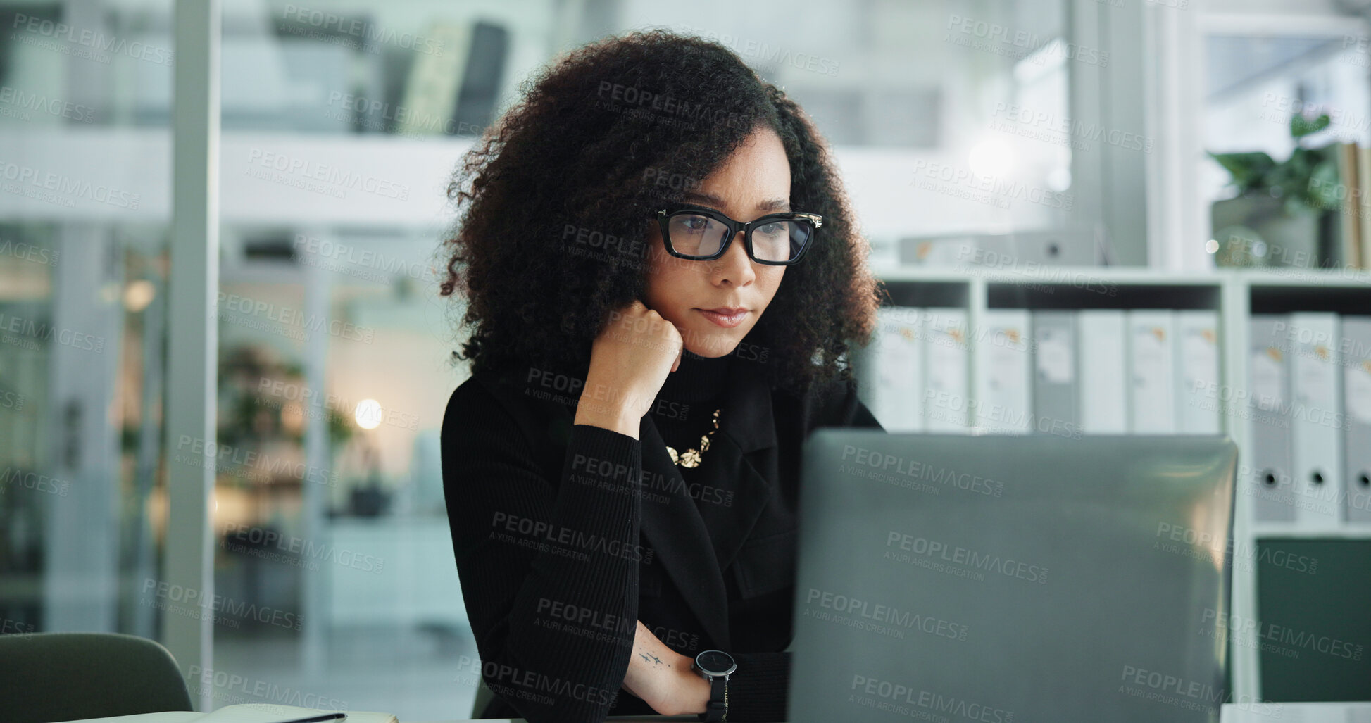 Buy stock photo Research, thinking and woman in office with laptop, ideas or budget review at accounting agency. Consultant, accountant or businesswoman with financial administration, online report or business plan