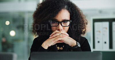 Buy stock photo Laptop, thinking and serious woman in office with business ideas, decision or budget review at accounting agency. Admin, accountant or businesswoman at desk with financial planning for online report