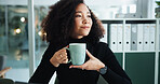 Coffee, finance and thinking with accountant woman in office for start of morning bookkeeping. Accounting, break and drink with professional employee in workplace, planning for financial future