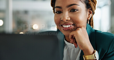 Buy stock photo Smile, laptop and reading with business woman in office for email, research or corporate governance specialist. Stakeholder liaison, crm manager and news with person in firm for report and compliance