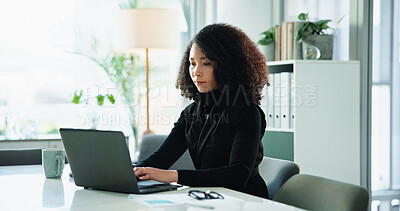 Buy stock photo Laptop, typing and woman in office with business ideas, administration or budget review at accounting agency. Consultant, accountant or businesswoman at desk writing email for online financial plan