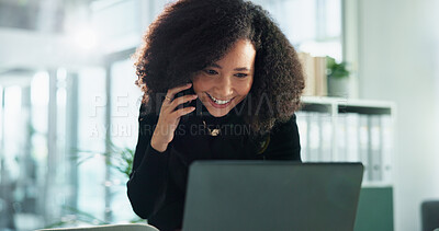 Buy stock photo Smile, phone call and business woman at laptop with contact, networking or planning at accounting agency. Smartphone, accountant or happy businesswoman in financial office with funding discussion