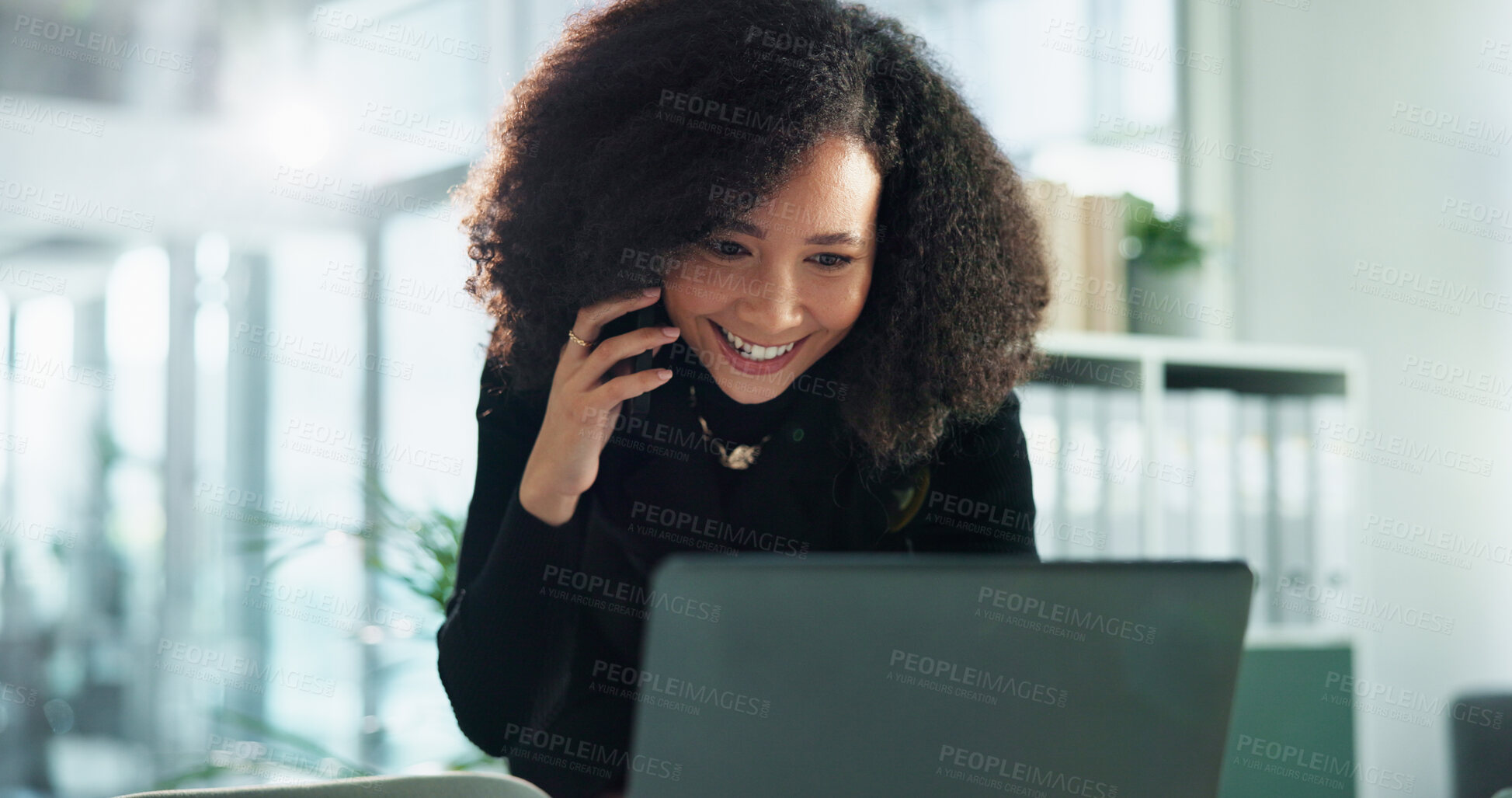 Buy stock photo Smile, phone call and business woman at laptop with contact, networking or planning at accounting agency. Smartphone, accountant or happy businesswoman in financial office with funding discussion