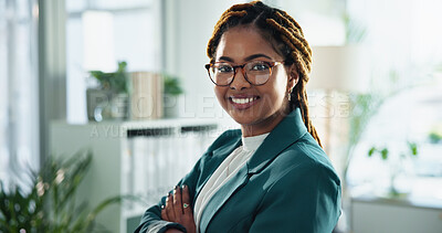 Buy stock photo Portrait, business and black woman with arms crossed, finance consultant and career ambition. African person, accounting and corporate professional in modern office, agency for tax advice and pride