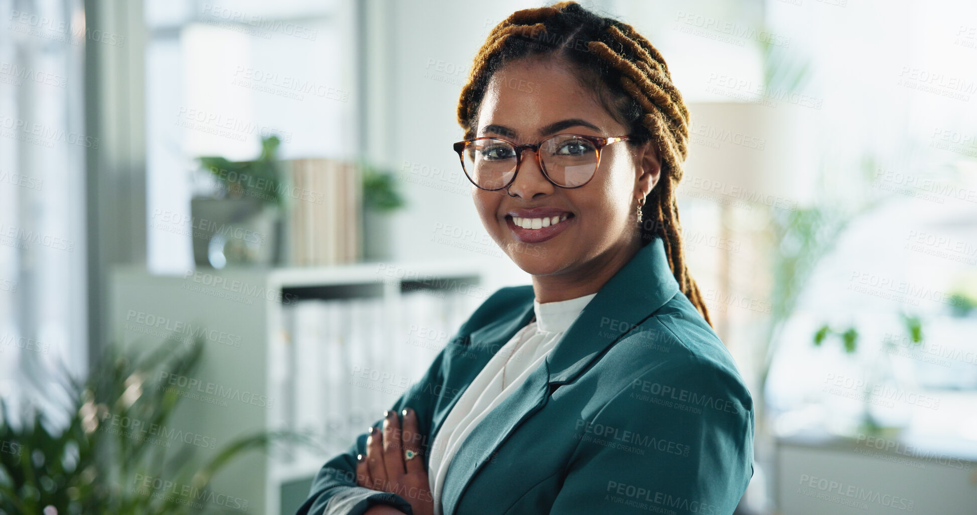 Buy stock photo Portrait, business and black woman with arms crossed, finance consultant and career ambition. African person, accounting and corporate professional in modern office, agency for tax advice and pride