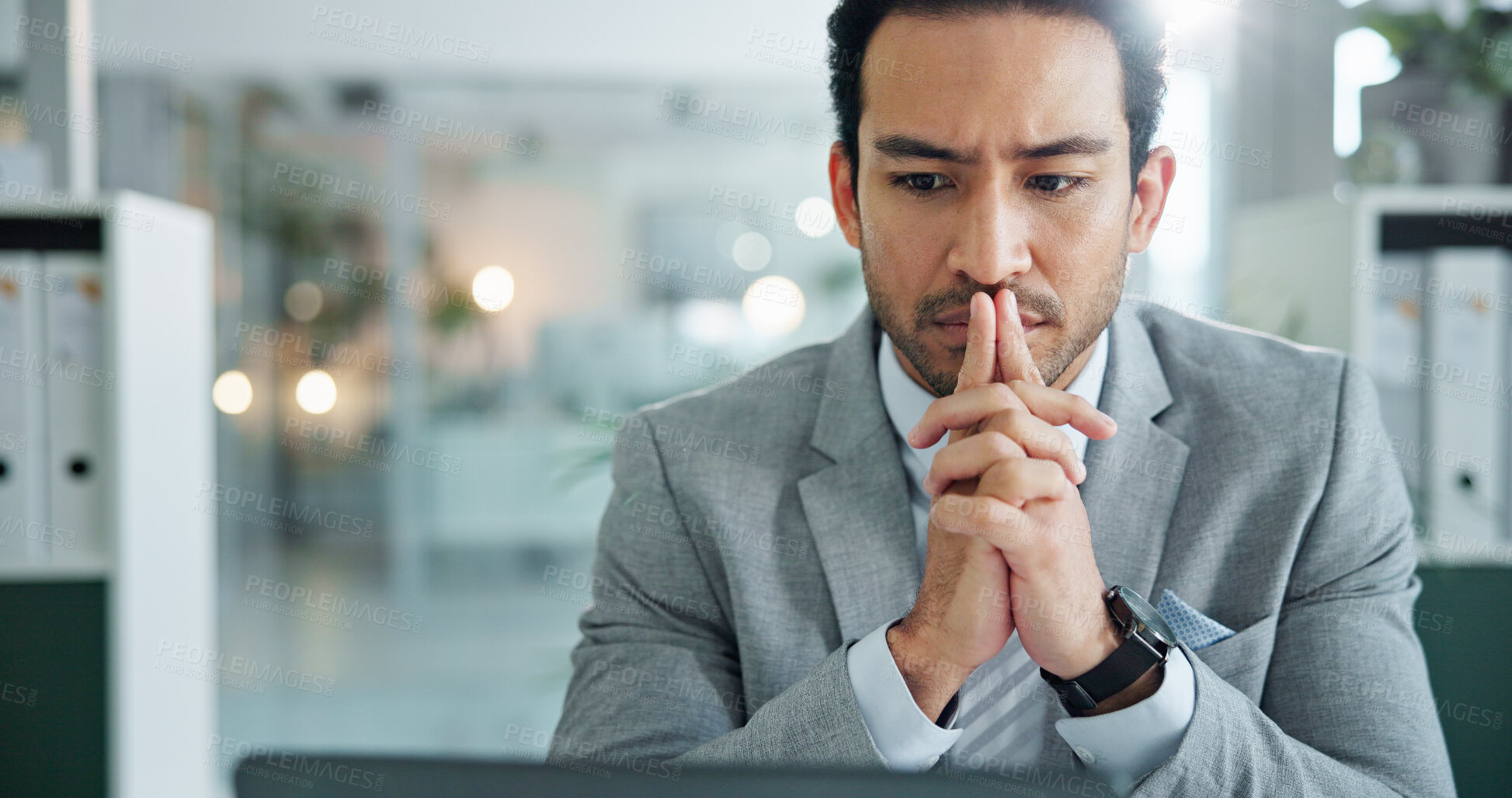 Buy stock photo Thinking, laptop and research with business man in office for planning, reflection and legal clerk. Lawyer, litigation case and corporate attorney with person in law firm for memory and review