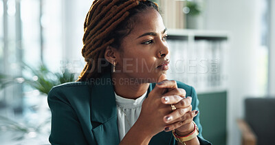 Buy stock photo Office, African woman and thinking for idea, work and business in investment banking firm. Female person, planning and reflection with contemplating for financial review, audit and career opportunity