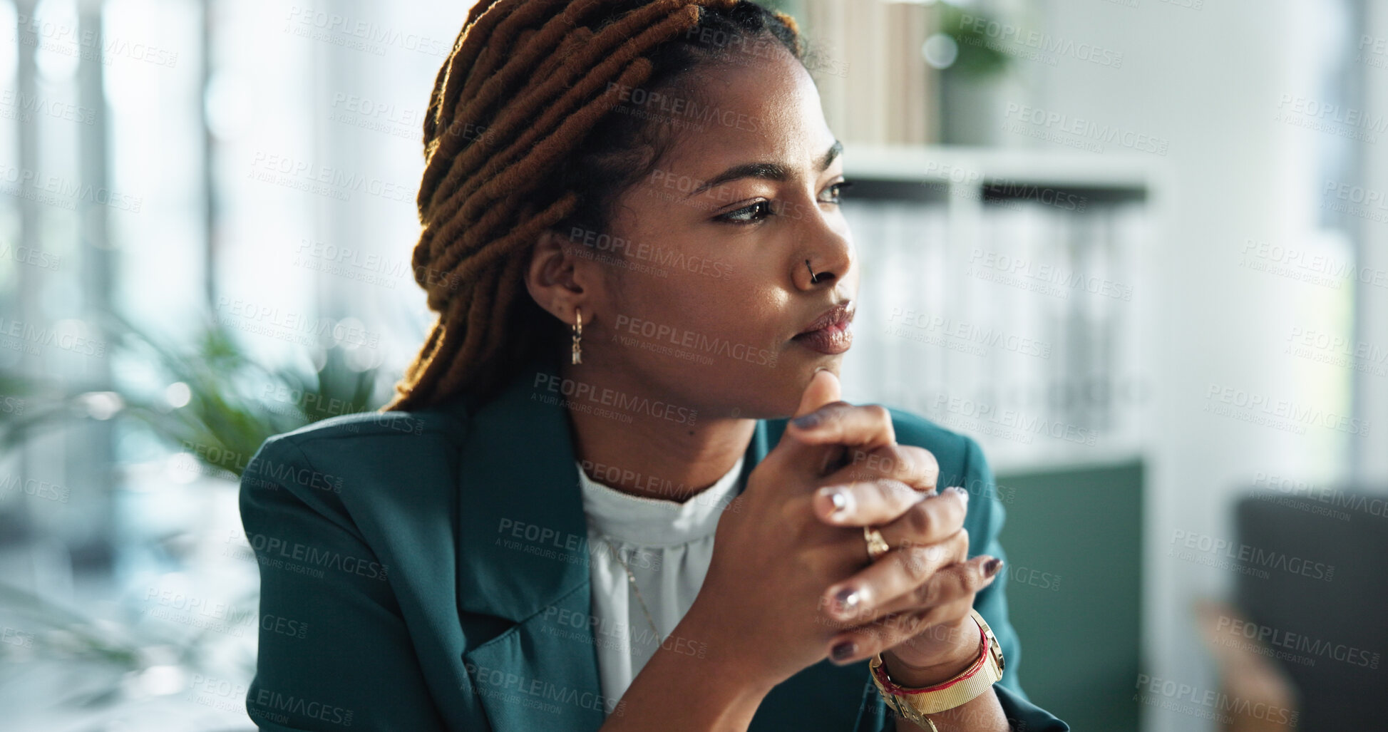 Buy stock photo Office, African woman and thinking for idea, work and business in investment banking firm. Female person, planning and reflection with contemplating for financial review, audit and career opportunity