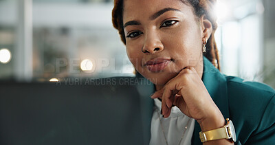 Buy stock photo Confidence, portrait and business woman at laptop with smile, trust and pride at accounting agency. Consultant, accountant and happy businesswoman in office for professional online risk management