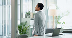 Office, man and thinking with ideas, laptop and business meeting in investment banking firm. Male person, planning and technology with contemplating for financial review, audit and career opportunity